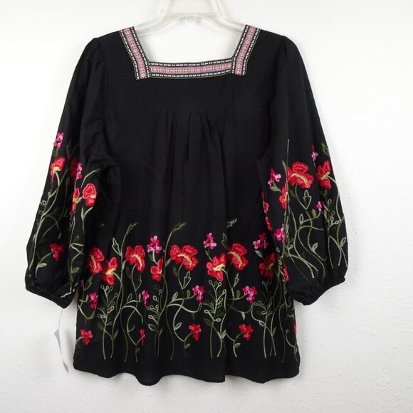 Calessa Embroidered Tunic Top Women's Size M Black Baby Doll Flowy Lined Boho - Picture 6 of 11